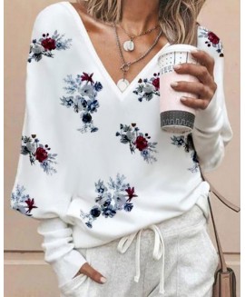 Fashion Flower Print Round Neck Long Sleeve Casual Sweatshirt 