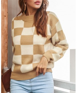 Women's Fashion Round Neck Geometric Knit Sweater 