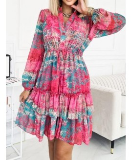 V-neck Ruffled Long-sleeve Belted Casual Dress 
