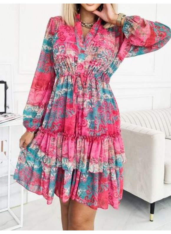V-neck Ruffled Long-sleeve Belted Casual Dress
