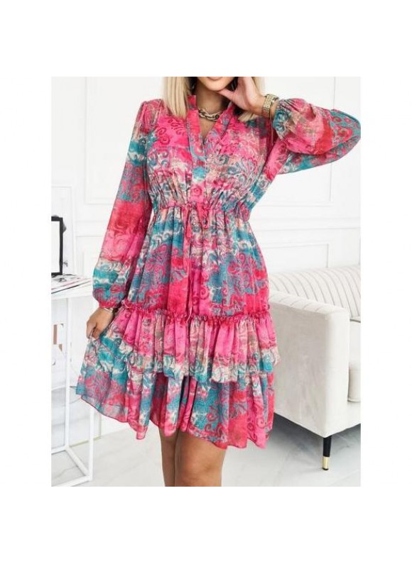 V-neck Ruffled Long-sleeve Belted Casual Dress