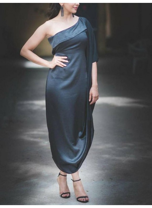 Women's Elegant Simple Mercerized Satin Slanted Shoulder Drape Design Dress