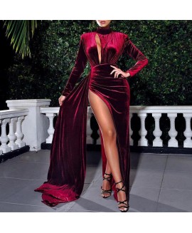 Fashionable And Elegant Dress With Waist In, Standing lar, Long Sleeves And Irregular Slit 