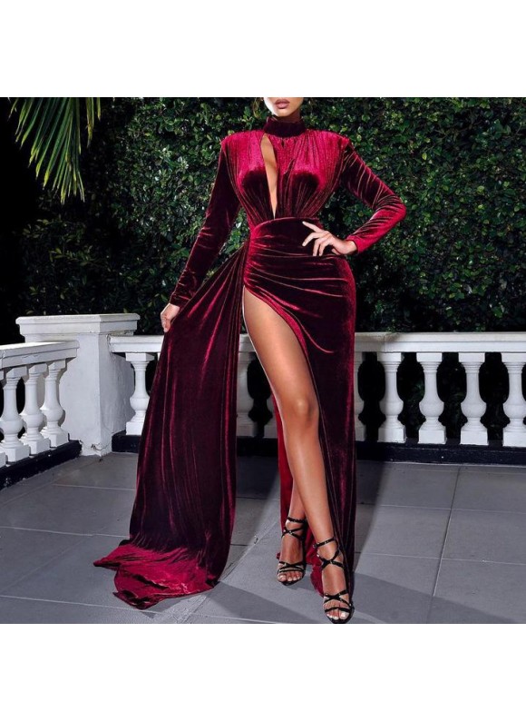 Fashionable And Elegant Dress With Waist In, Standing lar, Long Sleeves And Irregular Slit