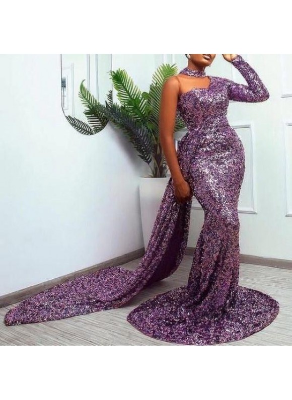 Women's Elegant Fashion Purple Sequin Off-the-Shoulder Slim Fit Mopping Dress Long Dress