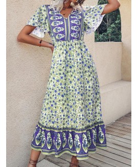 Ethnic Print Short-Sleeved Maxi Dress 