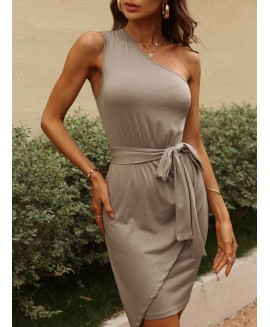 Solid or Knit Sloping Shoulder Sleeveless Slim Fit Dress 