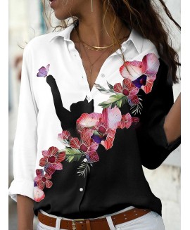 Fashion Casual Cat Floral Print Lapel Long Sleeve Shirt 