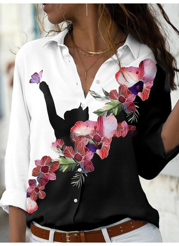 Fashion Casual Cat Floral Print Lapel Long Sleeve Shirt