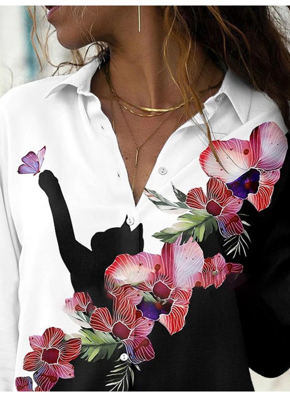 Fashion Casual Cat Floral Print Lapel Long Sleeve Shirt