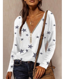 Casual Zipper V-neck Star Print Long-sleeved T-shirt 