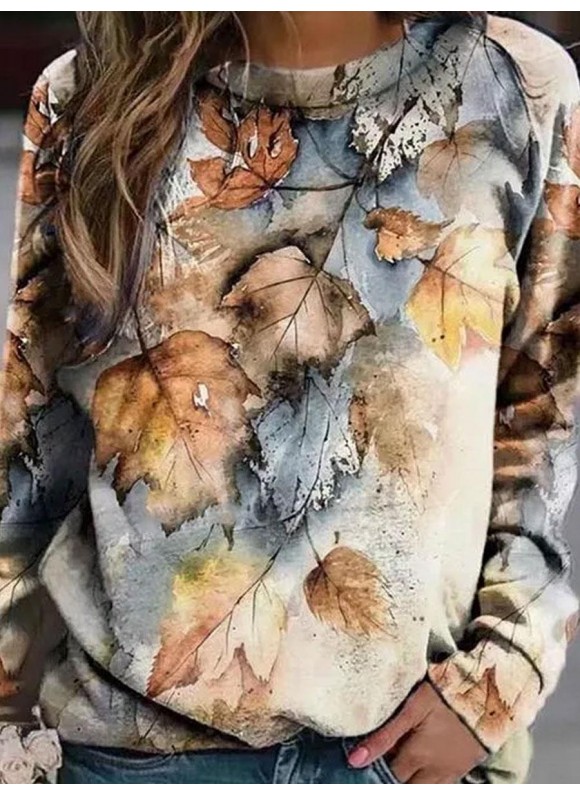 Round Neck Loose Casual Leaf Print Sweatshirt