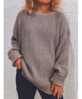 Fashion Solid or Round Neck Long Sleeve Casual Pullover 
