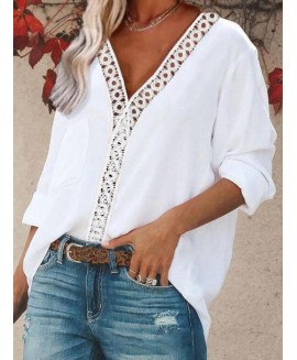 Pure or Loose Casual V-Neck Long-Sleeved Blouse 