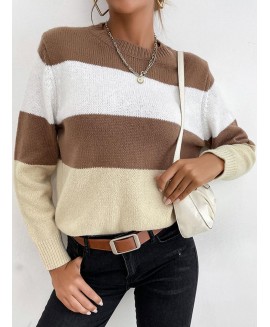 Fashion Striped or Matching Round Neck Long Sleeve Casual Pullover 
