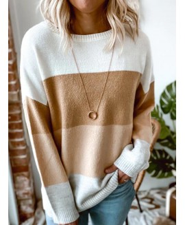 Casual or-Blocking Round Neck Long-Sleeved Sweater 