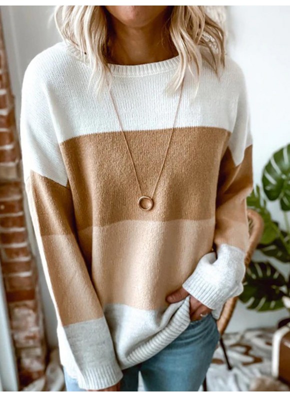 Casual or-Blocking Round Neck Long-Sleeved Sweater
