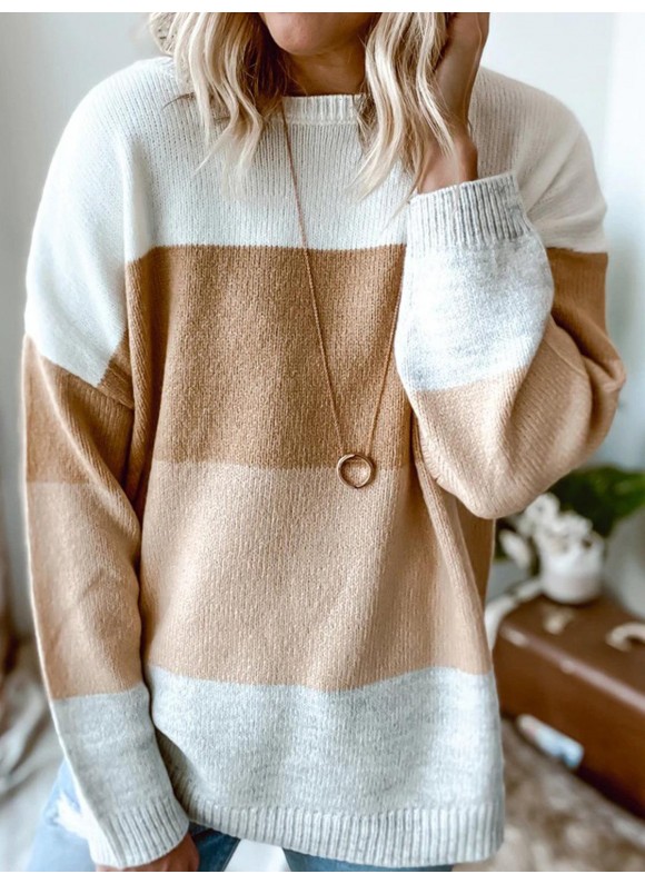 Casual or-Blocking Round Neck Long-Sleeved Sweater