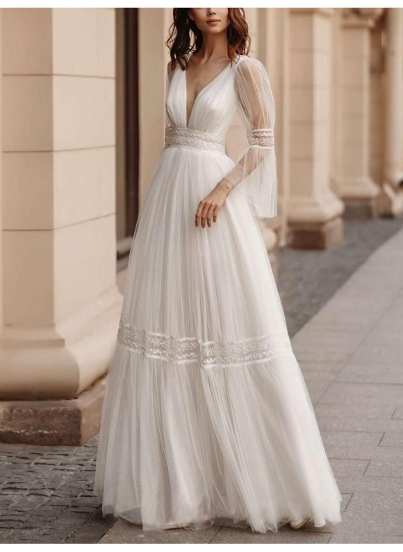 Women's Elegant White Tulle V-neck Long-sleeved Layered Wedding Dress