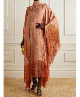 Women's Elegant Luxurious Orange Bronzed Textured Fringed Silk Maxi Dress 