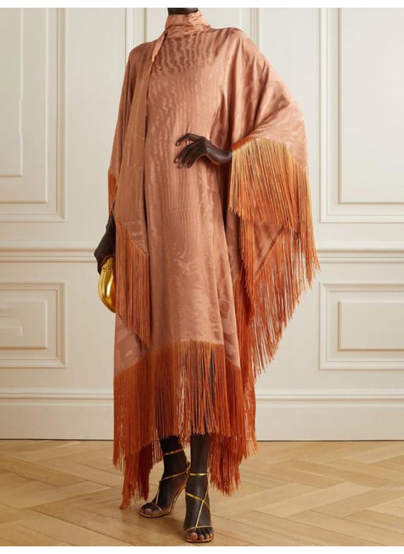 Women's Elegant Luxurious Orange Bronzed Textured Fringed Silk Maxi Dress
