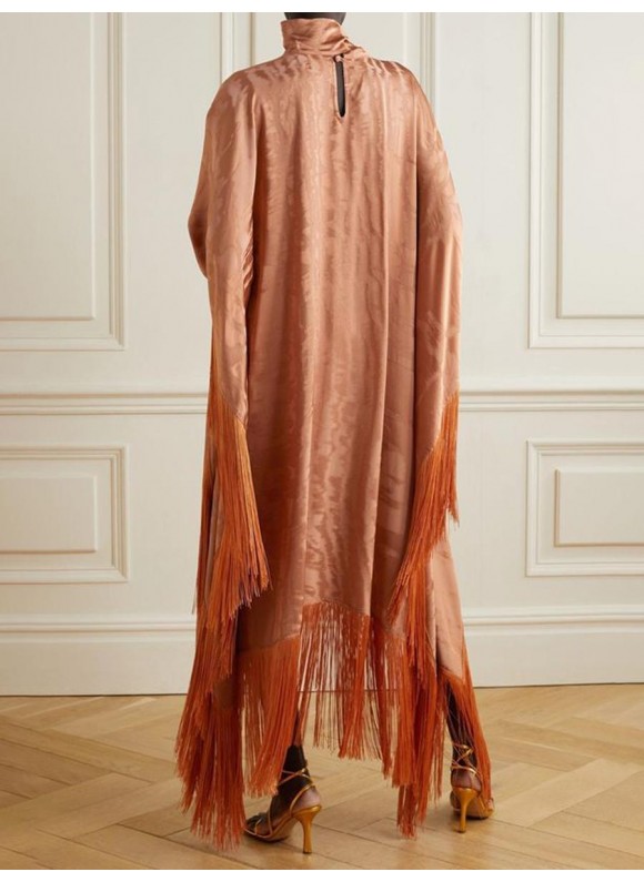 Women's Elegant Luxurious Orange Bronzed Textured Fringed Silk Maxi Dress