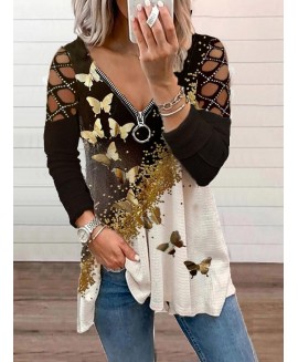 Fashion Butterfly Print Sequin Sleeve Top Women 