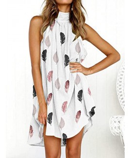 Summer Fashion Print Crew Neck Pleated Sleeveless Dress 