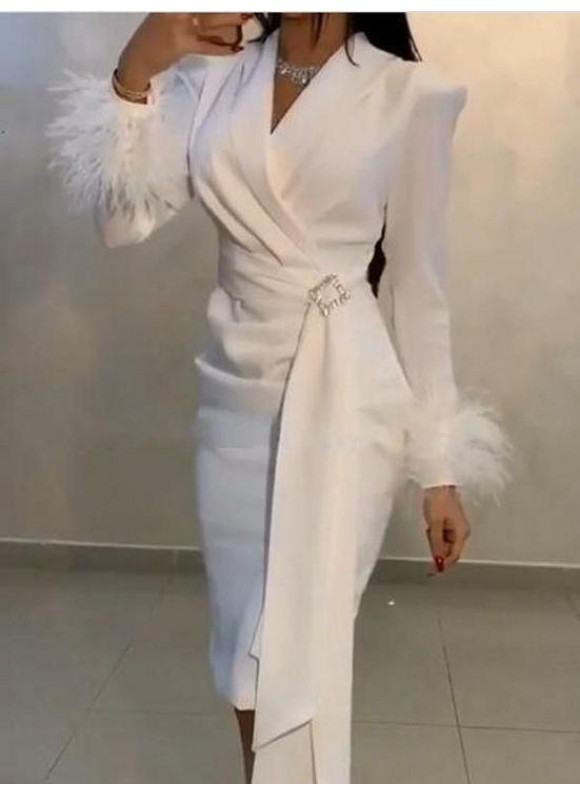 Women's Elegant Simple High Waist V-Neck Feather Suit Dress