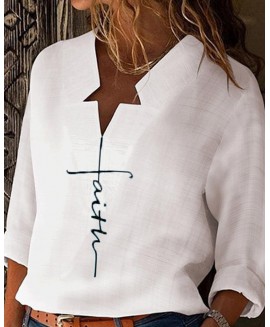 Casual long sleeve letter printed neckline five-pointed star deation shirt 