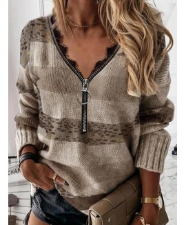 Casual Leopard Zipper V Neck Long Sleeves Loose Sweater 