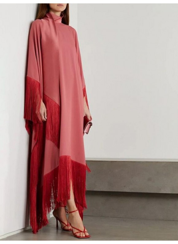 Women's Elegant Fashion Red Tencel Fringe Loose Long Dress