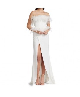 Women's Elegant White Feather Slit Dress 