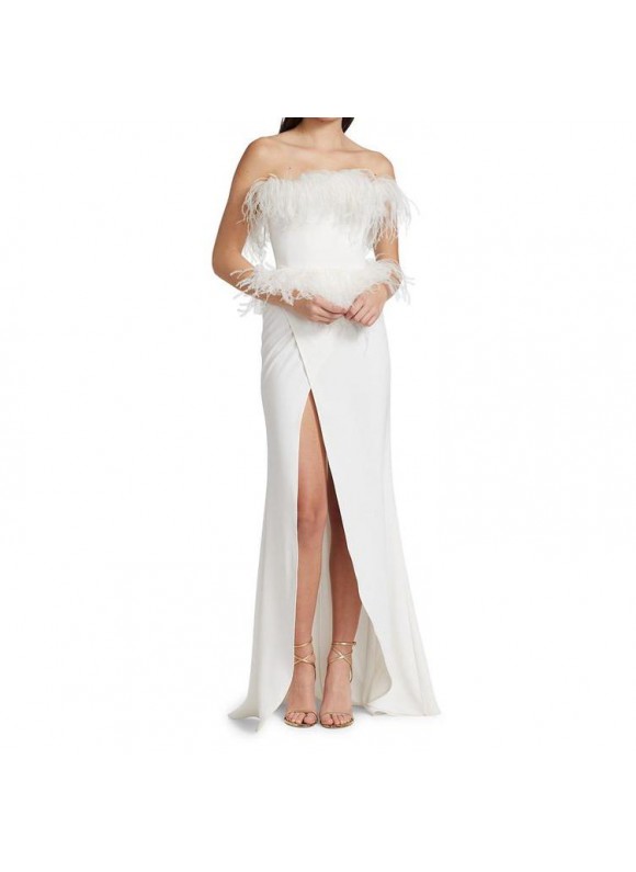 Women's Elegant White Feather Slit Dress