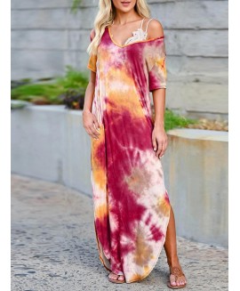 Tie-Dye Print V-Neck Loose High Waist Dress 