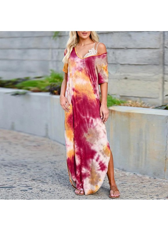 Tie-Dye Print V-Neck Loose High Waist Dress