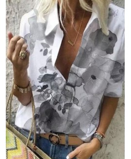 Ink Floral Print Casual Loose Long-sleeved Blouse 