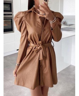 Long Sleeve Waist-tight Leather Skirt Dress Casual Dresses 