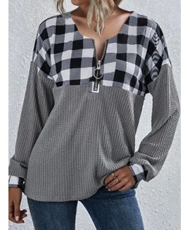 Casual Plaid Stitching Zipper V-Neck Long-Sleeved Sweatershirt 