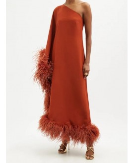 Women's Chic Elegant Brick Red Slanted Shoulder Feather Dress 