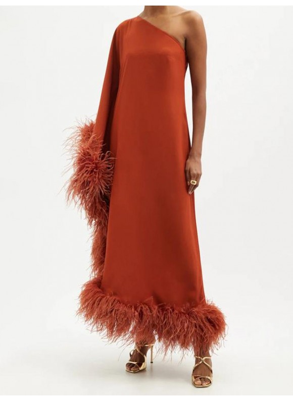 Women's Chic Elegant Brick Red Slanted Shoulder Feather Dress
