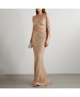 Women's Fashion Elegant Champagne Sequin Evening Dress 
