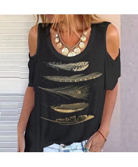 Women's T-shirt With Gold Print And Feathers 