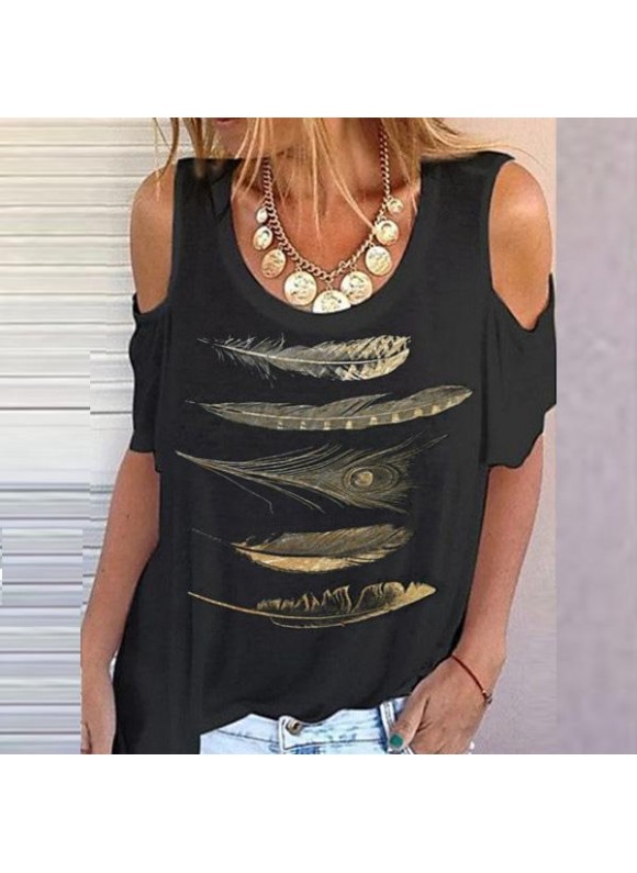 Women's T-shirt With Gold Print And Feathers