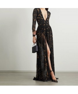 Women's Elegant Bronzing Print Long Slit Dress 