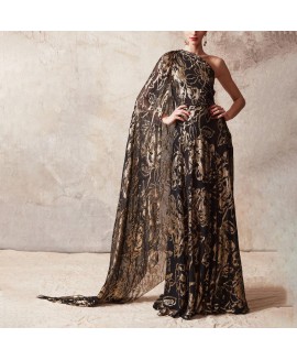 Women's Elegant Slanted Shoulder Design Bronze Print Long Dress 