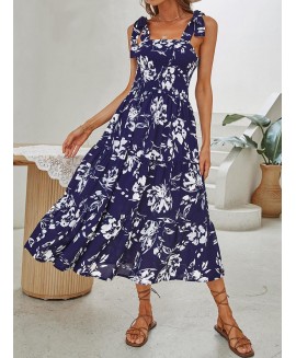 Summer Floral Printed High Waist Sling Midi Dress 