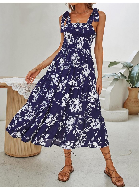 Summer Floral Printed High Waist Sling Midi Dress