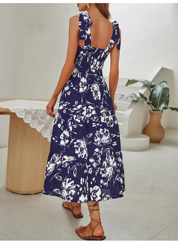 Summer Floral Printed High Waist Sling Midi Dress