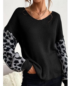 Casual Leopard Print Stitching V-Neck Long-Sleeved Sweater 